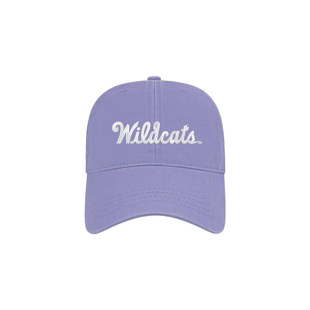 Lavender baseball hat embroidered with white K-state and Powercat logo.