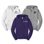 Trio of zip up hoodies with different color combos and Kstate logos.  White with K-state Power cat logo, purple with K-state and Grey with Powercat.