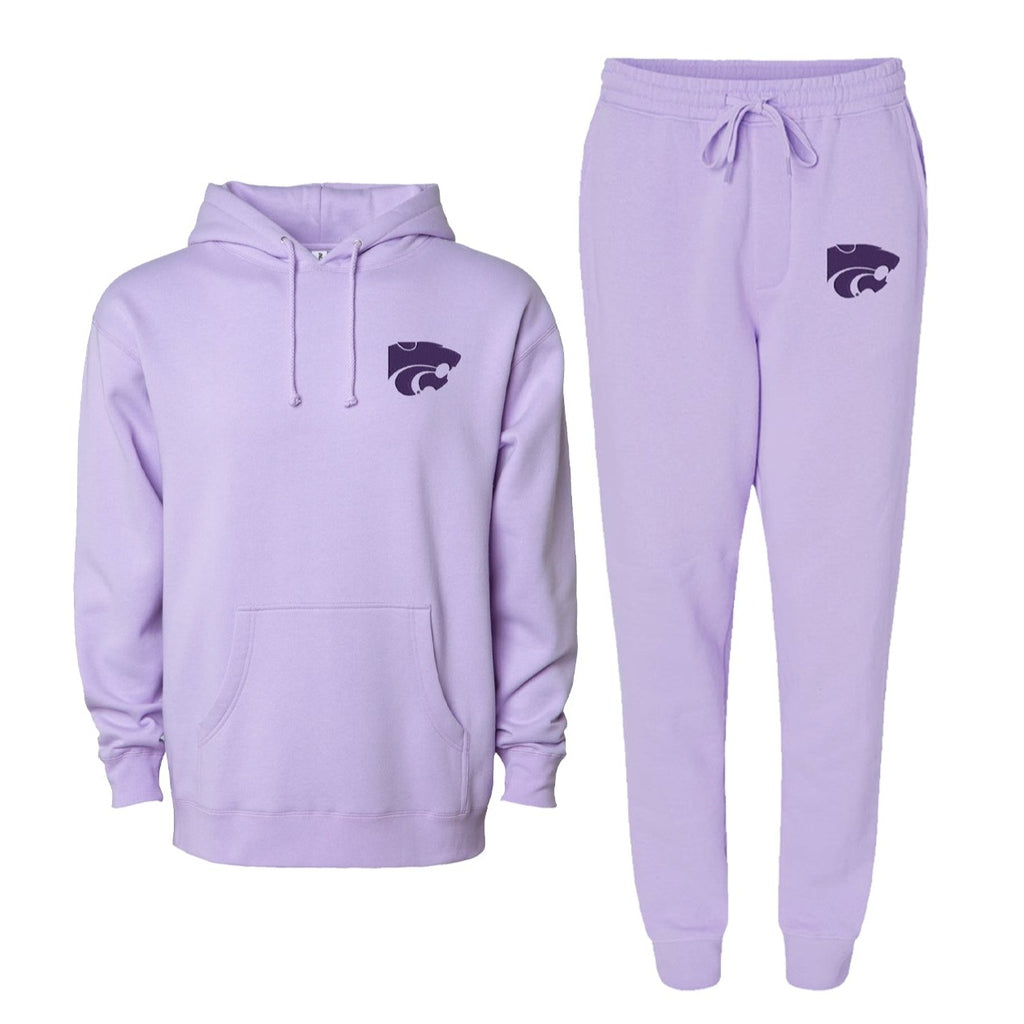 Lavender hooded sweatshirt and jogger - both embroidered with Purple K-State Powercat