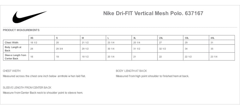 K-state Nike Polo Measurement Chart