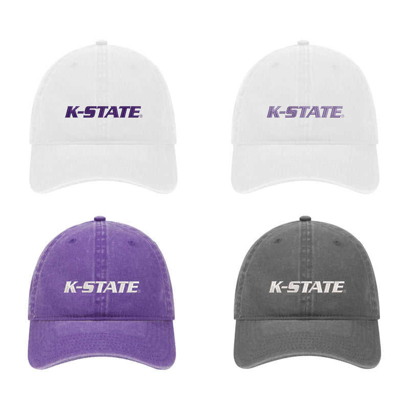 Set of 4 K-STATE Beach washed hats.  Each embroidered with K-STATE Powercat logo.  Choose from White with Purple, Charcoal with white, white with lavender or purple with white.