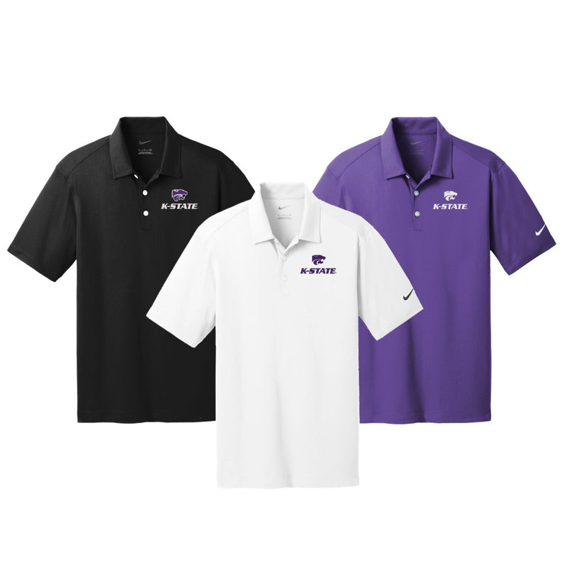 K-state Powercat Nike Polos - set of three.  Each embroidered with K-STATE on left chest.  One black with white, one purple with white and one white with purple