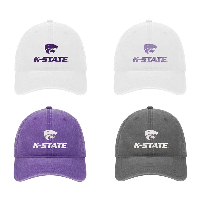 Set of 4 K-STATE Beach washed hats.  Each embroidered with K-STATE Powercat logo.  Choose from White with Purple, Charcoal with white, white with lavender or purple with white.