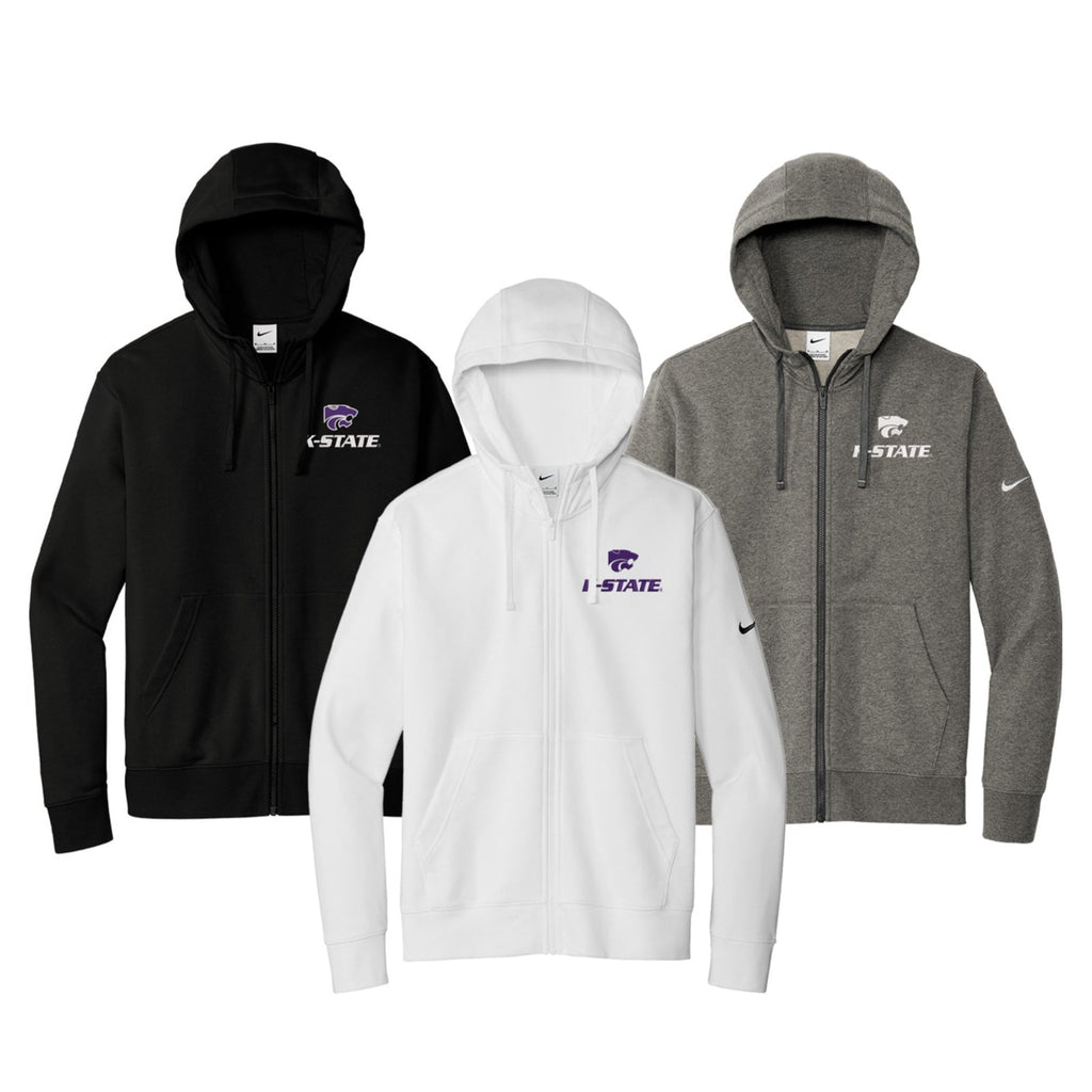 K-State Nike Hoodies Trio.  One black with purple, one grey with white and one white with purple.  With Nike Swoosh on the left arm