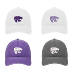 Set of 3 K-STATE Beach washed hats.  Each embroidered with Kansas State Powercat.  Choose from White with Purple, Charcoal with white or purple with white.