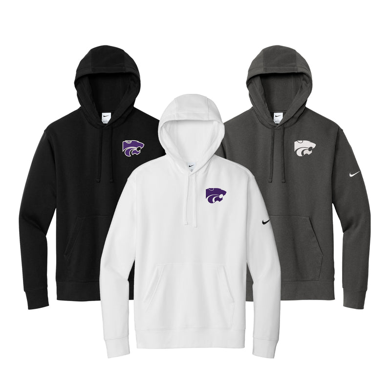 Nike Hooded Sweatshirts Trio embroidered with Kansas State Powercat. One white with purple, one black with purple and one grey with white.