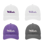 Set of 4 K-STATE Beach washed hats.  Each embroidered with script Wildcats.  Choose from White with Purple, Charcoal with white, white with lavender or purple with white.