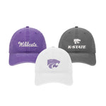 Beach washed Kansas State Dad Hat - set of 3.  Purple hat embroidered with White Script Wildcats. Charcoal embroidered with white K-sTATE Powercat logo and White hat embroidered with lavender Powercat