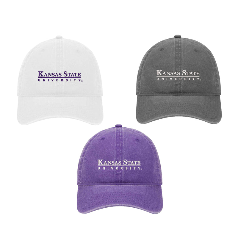 Set of 3 K-STATE Beach washed hats.  Each embroidered with Kansas State University.  Choose from White with Purple, Charcoal with white or purple with white.