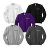 5 different color combos of crewneck sweatshirt with embroidered Kansas state University.  White with purple, black with white, purple with white, athletic grey with purple, dark heather grey with white