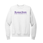 White crewneck sweatshirt printed with Kansas State University across the front