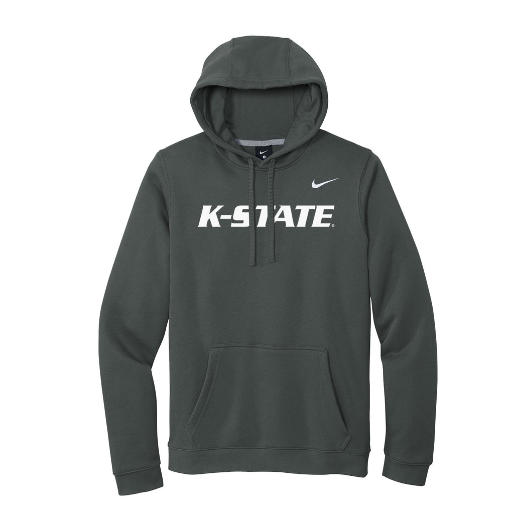 K-STATE Nike hooded Sweatshirt.  Grey sweatshirt printed in white K-STATE. White  Nike swoosh on left chest