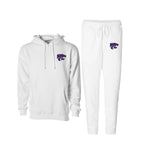 White hooded sweatshirt and jogger - both embroidered with Purple K-State