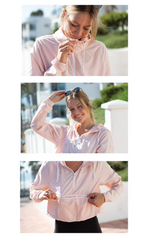 Lifestyle shot of model wearing the blush crop windbreaker