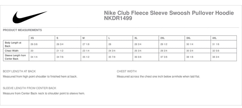 Kansas State Nike Hooded sweatshirt measurement chart