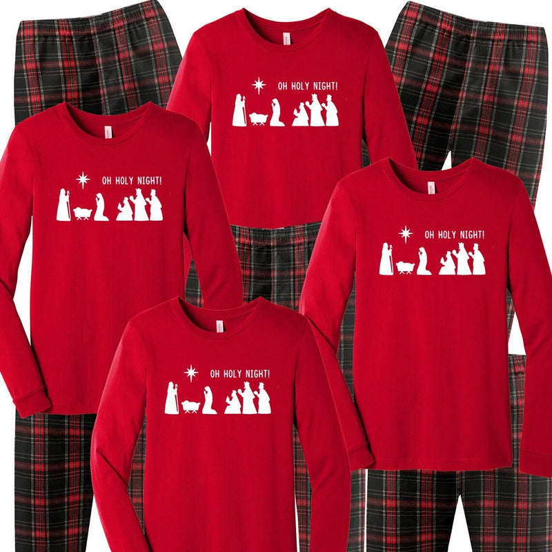 Oh Holy Night Matching Family Christmas Pajamas - Red/White Plaid Pants