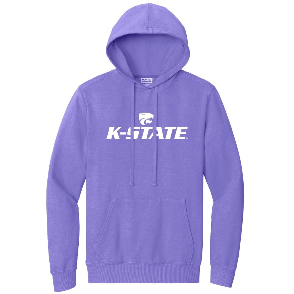 K-STATE Powercat Lavender Hoodie.  Beach washed hooded pullover in lavender printed with K-state powercat logo in white.