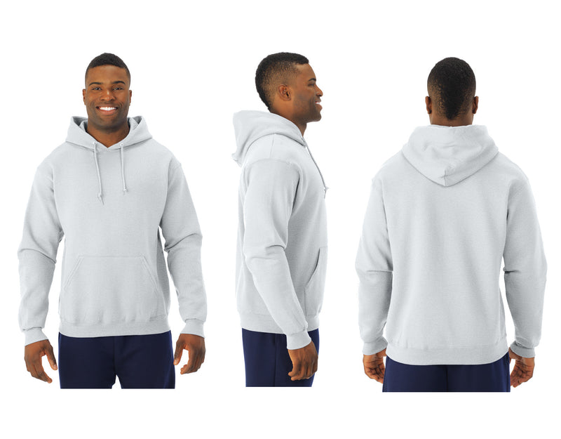 Male Model shown 3 different angles in the K-state hooded sweatshirt