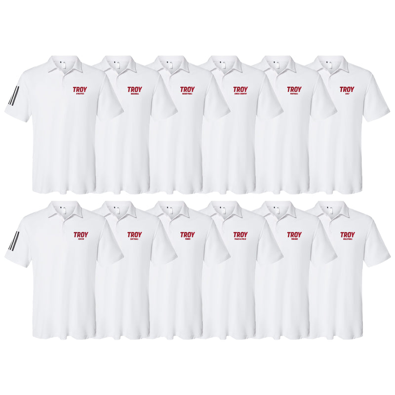 Troy University Sport Specific Adidas Floating 3-Stripes Polo - Choice of Sport - White