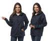 Female model shown different angles in windbreaker jacket