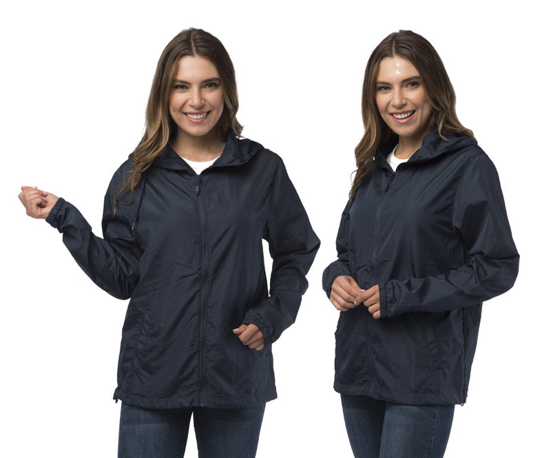 Female model shown different angles in windbreaker jacket
