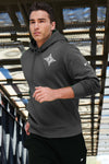 Runner wearing Nike hooded sweatshirt embroidered with the Furman Diamond F in white on the left chest.  Wm.hite Nike swoosh on outer left ar