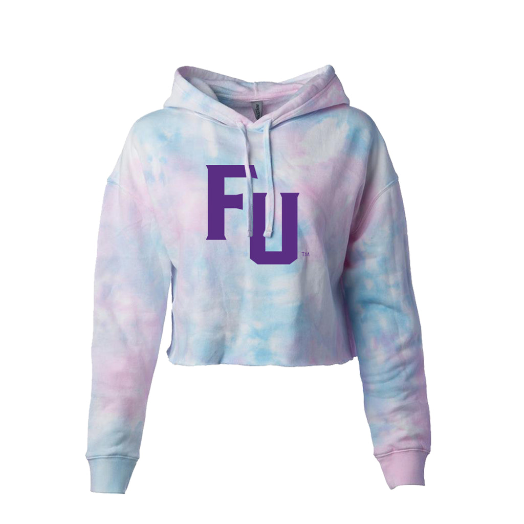 Cotton Candy tie dye Cropped Hooded Sweatshirt printed with large FU Wordmark in purple.