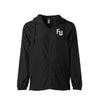 Black zip up windbreaker jacket with embroidered FU in white on left chest