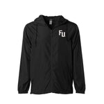 Black zip up windbreaker jacket with embroidered FU in white on left chest