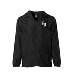 Black zip up windbreaker jacket with embroidered FU in white on left chest