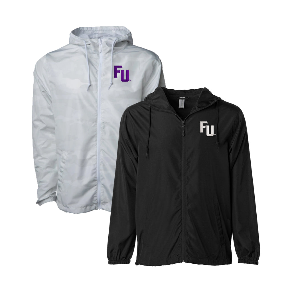 White Camo full zip windbreaker jacket embroidered with the Furman FU in purple on the left chest.