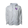 White Camo full zip windbreaker jacket embroidered with the Furman FU in purple on the left chest.