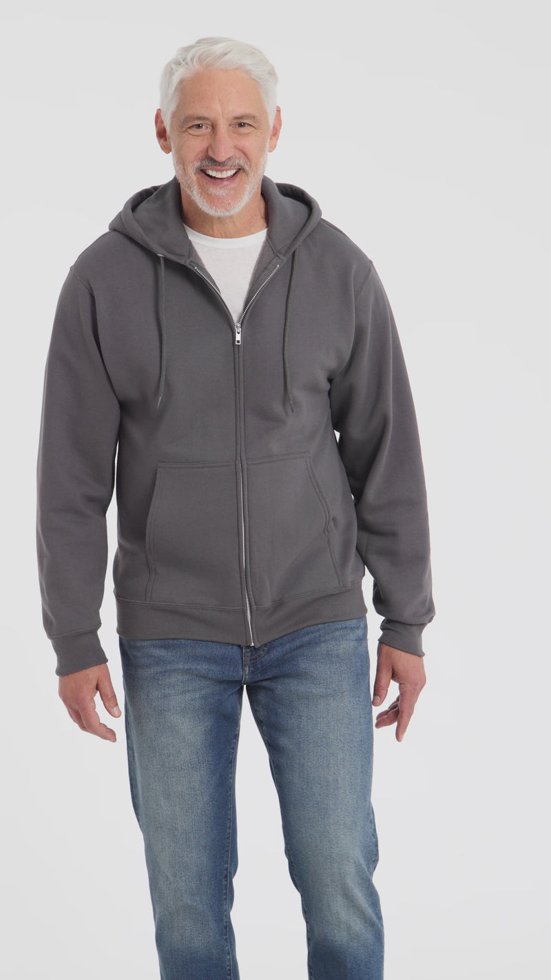 Video of older man modeling full zip hoodie and jeans