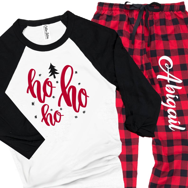 Personalized Ho Ho Ho Christmas Flannel Pajama Set - Buffalo Plaid Red and Black