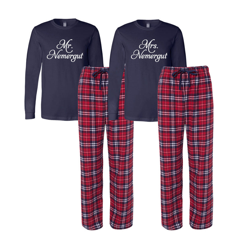 Personalized Mr. and Mrs. Flannel Pajama Set - Navy and Red
