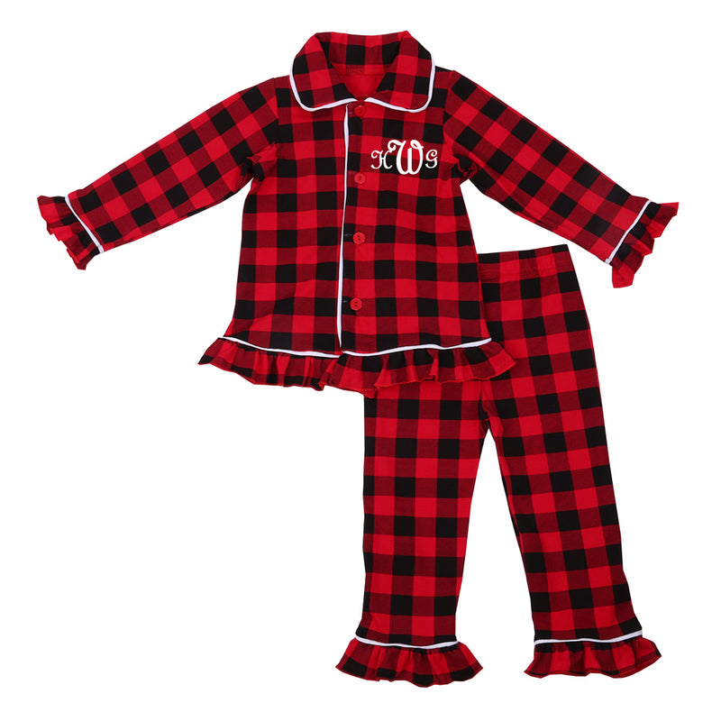 Personalized Plaid Ruffle Christmas Pajamas - Buffalo Plaid