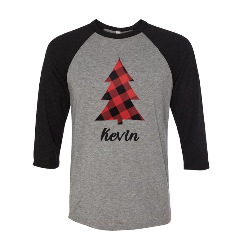 Personalized Plaid Christmas Tree Raglan - Grey/Black