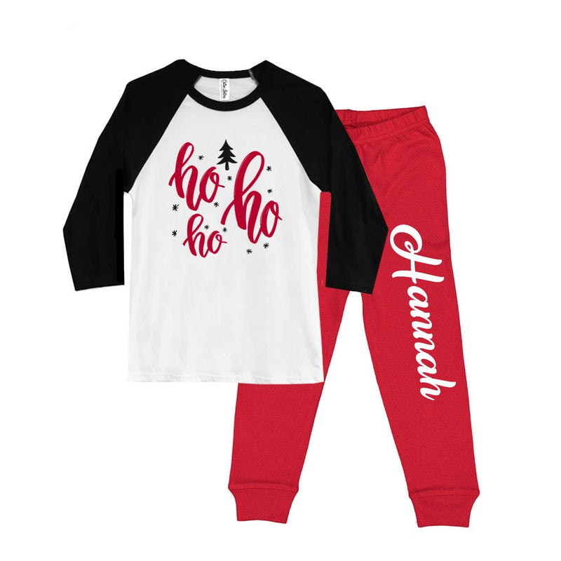 Personalized Ho Ho Ho Christmas Flannel Pajama Set - Buffalo Plaid Red and Black