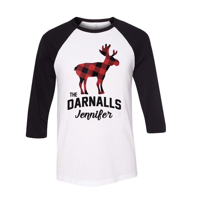 Personalized Plaid Christmas Moose Raglan - White/Black