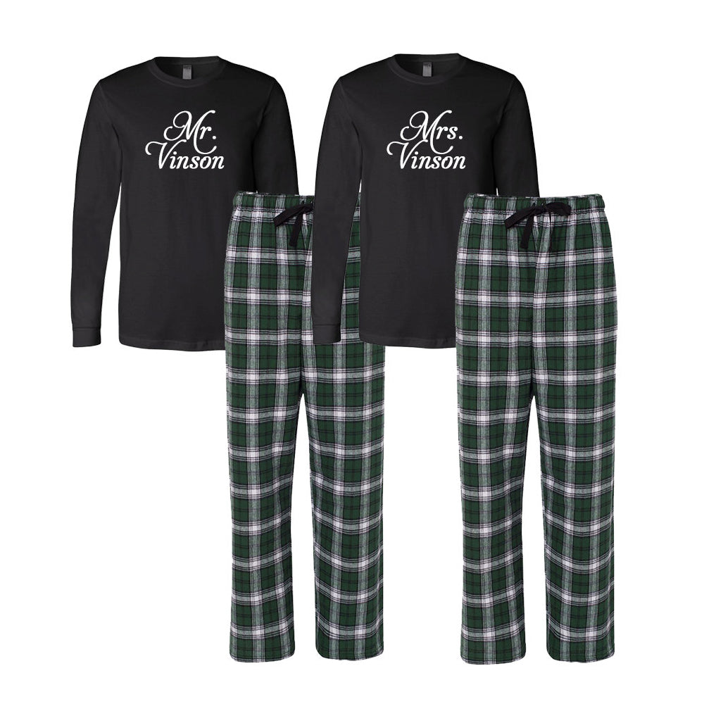 Personalized Mr. and Mrs. Flannel Pajama Set - Black and Hunter