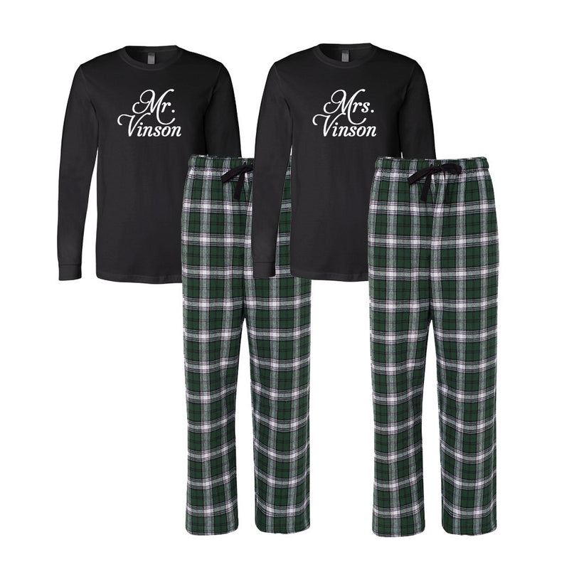 Personalized Mr. and Mrs. Flannel Pajama Set - Black and Hunter Green