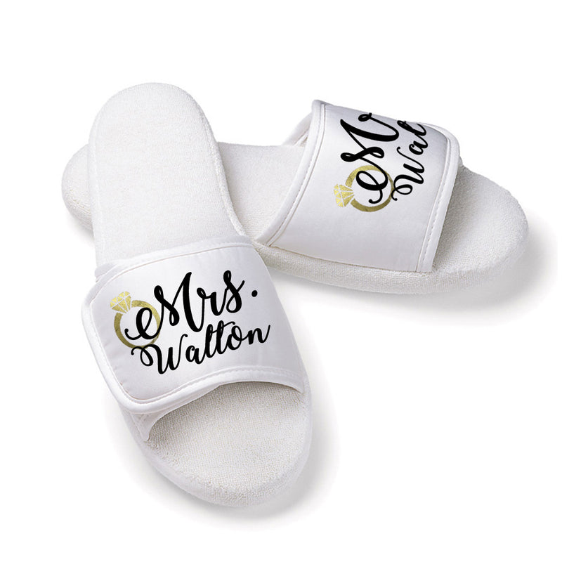 Personalized Mrs. Slippers with Metallic Gold Ring